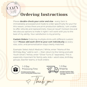 May include: A square informational graphic with a cream background and a light orange border. The text reads Ordering Instructions, detailing custom order processes for shirts, including individual cart additions, processing times, and shipping.