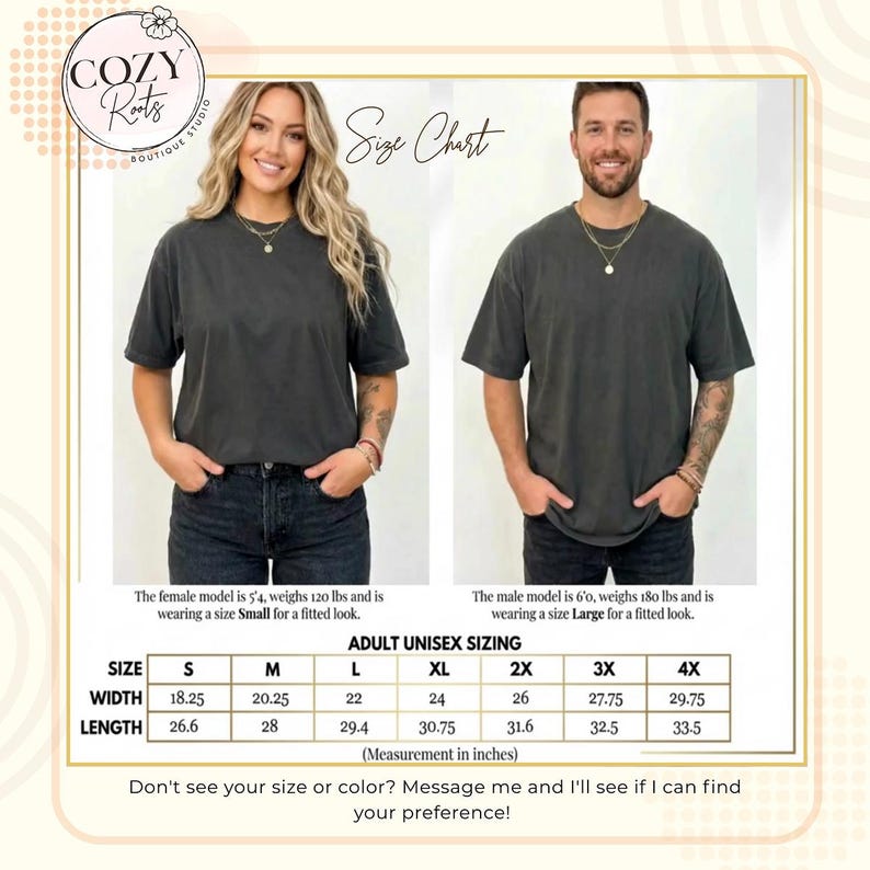 May include: A size chart for a charcoal grey unisex t-shirt featuring two models wearing the shirt. The chart displays adult unisex sizing in inches, ranging from size S to 4X, with specific width and length measurements for each size provided.