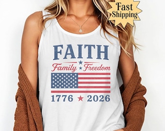 Vintage Retro Comfort Colors Christian Faith Family & Freedom Tank, Preppy 4th of July T-shirt, Unisex Faith America Tank, USA Pride shirt