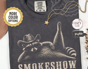 Comfort Colors Vintage Cowboy Racoon Smokeshow T-Shirt | Funny Western Trash Panda Tshirt | Retro 90s Graphic Tee | Weirdcore Meme Clothing