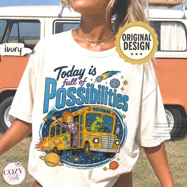 Magical Bus Frizzle Inspired 90's Vintage Graphic T-Shirt, Today is Full of Possibilities Grade School Teacher Tee, Retro Y2K Tee