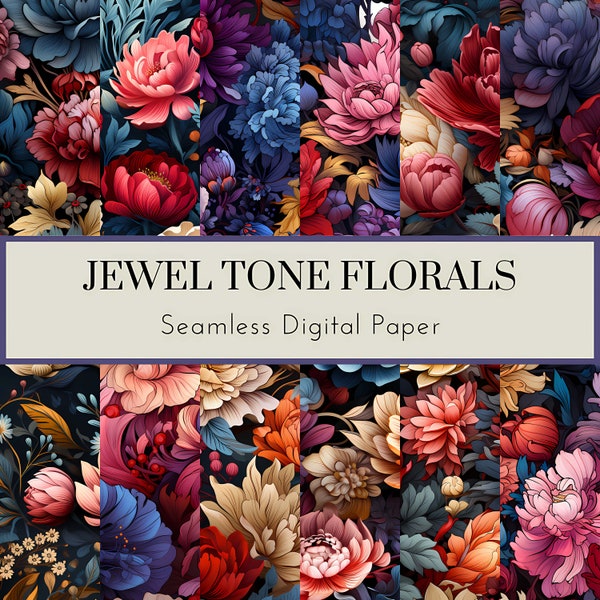 Jewel Tone Florals Digital Paper Pack, 12 Seamless Patterns, Commercial License PNG, 12x12 Scrapbook, Junk Journal Paper