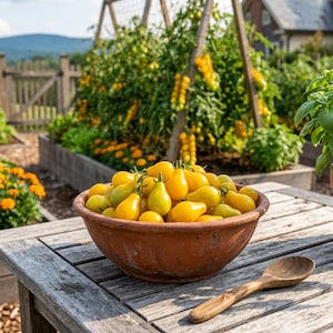 Könnte beinhalten: Eine Terrakottaschale gefüllt mit leuchtend gelben, birnenförmigen Tomaten steht auf einem verwitterten Holztisch neben einem Holzlöffel. Die Tomaten sind klein, glatt und von einheitlicher Farbe und zeigen eine lebendige Ernte.