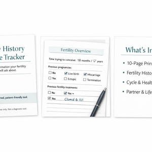 Puede incluir: Un historial de fertilidad y un rastreador de admisión con un formulario de resumen de fertilidad y una lista de elementos incluidos. Los formularios incluyen preguntas sobre embarazos anteriores y tratamientos de fertilidad.