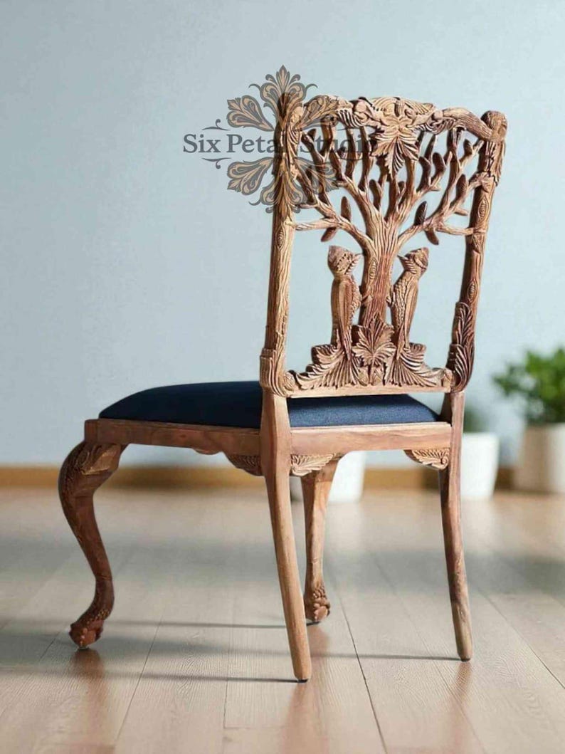 Hand-carved Solid Wood Accent Chair – Tree Birds Design, Upholstered ...