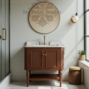 Mid-Century Massivholz Badezimmer Waschtisch mit Rattan Türen