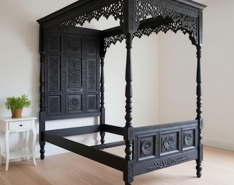 Cama con dosel de madera maciza negra tallada a mano / Cama con dosel tamaño king con dosel y diseño floral
