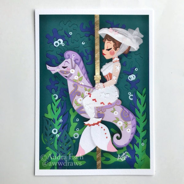 La sirena de Mary Poppins y el caballito de mar del carrusel - Impresión artística de 5 x 7 pulgadas