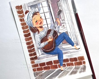 Audrey Hepburn - Moon River - Breakfast at Tiffany’s - 4 x 6 inches - Original Gouache Painting