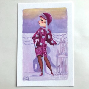 May include: Watercolor painting of a woman in a magenta dress with white accents, matching hat, and gloves. The artwork has a vintage style, with a soft color palette and a decorative background. The artist's signature is in the lower left corner.