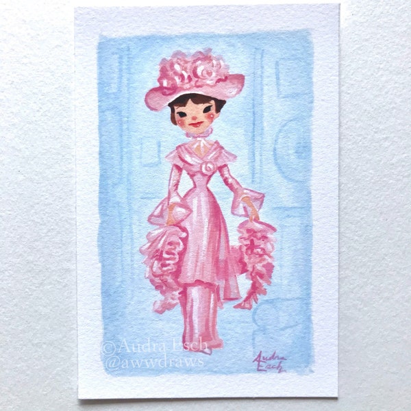 Impressão artística de Audrey Hepburn – Vestido rosa de My Fair Lady (10 x 15 cm)