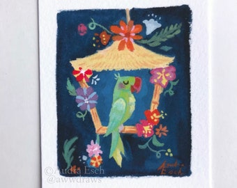 Green Parrot Tiny Tiki - 2.5 x 3 inches - Fine Art Print