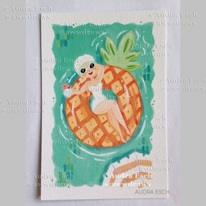 Pineapple Float - 4 x 6 inch Vintage Palm Springs Fashion Swimming Pool Fine Art Print