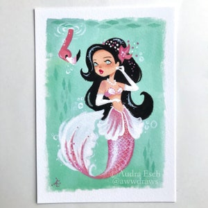 Pink Flamingo Mermaid - 5 x 7 inches - Fine Art Print