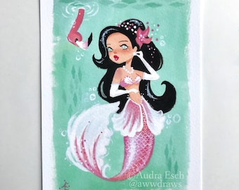Pink Flamingo Mermaid – Whimsical Beach Decor 5 x 7 inch Fine Art Print