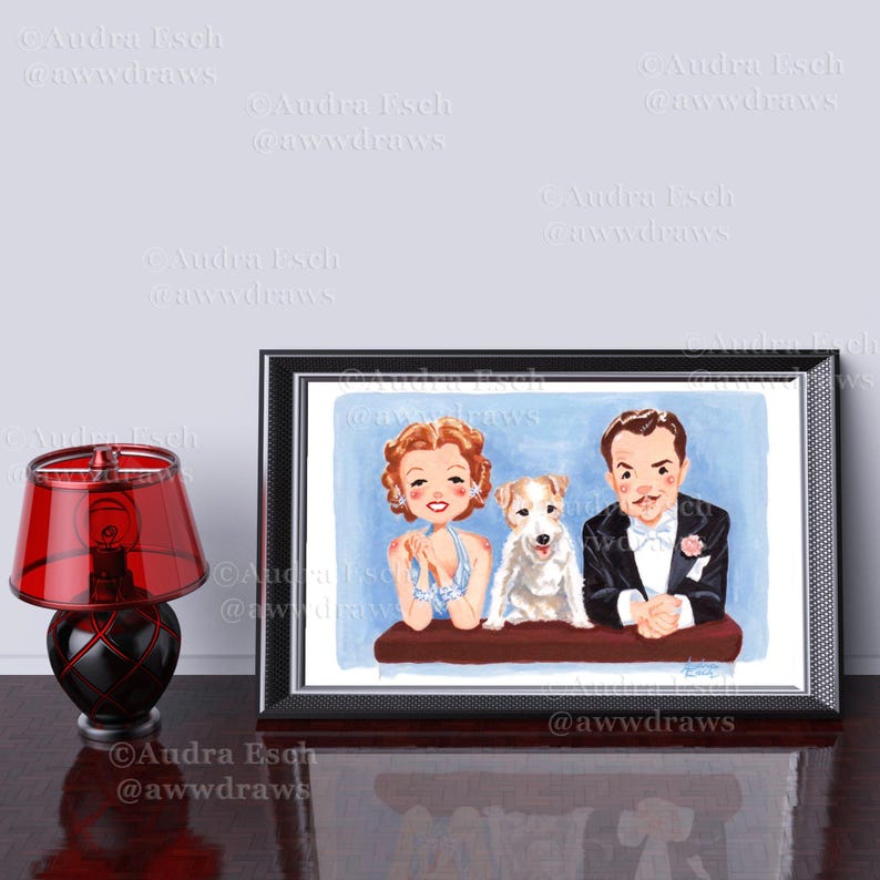 May include: A framed illustration featuring a woman, a man, and a dog. The woman has red hair and a blue dress. The man wears a tuxedo. The dog is white and brown. The frame is black.