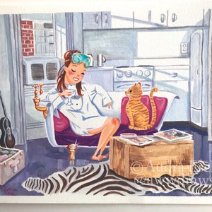 May include: A watercolor painting of a woman in a white shirt and a blue eye mask relaxing in a bathtub with a glass of champagne. A cat sits on the edge of the tub. The scene is set in a bathroom with a zebra print rug on the floor.