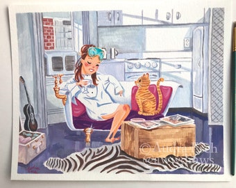 Holly Golightly Relaxing in her Bathtub Sofa -  8 x 10 inch Original Gouache Painting