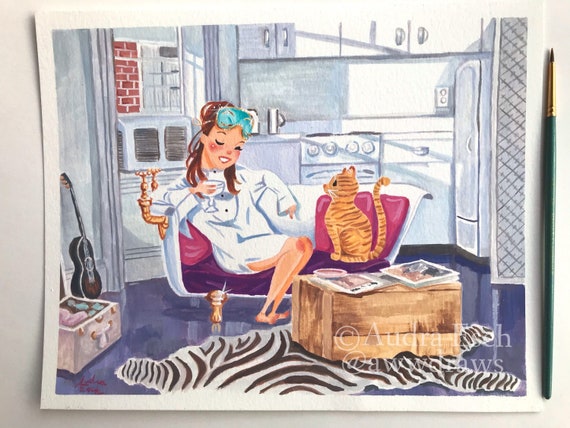 Holly Golightly Relaxing in her Bathtub Sofa -  8 x 10 inch Original Gouache Painting