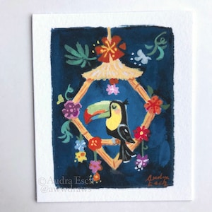 May include: A toucan with a yellow beak and black and white feathers sits in a bamboo birdhouse decorated with flowers. The birdhouse is hanging from a string and has a thatched roof. The background is a dark blue.