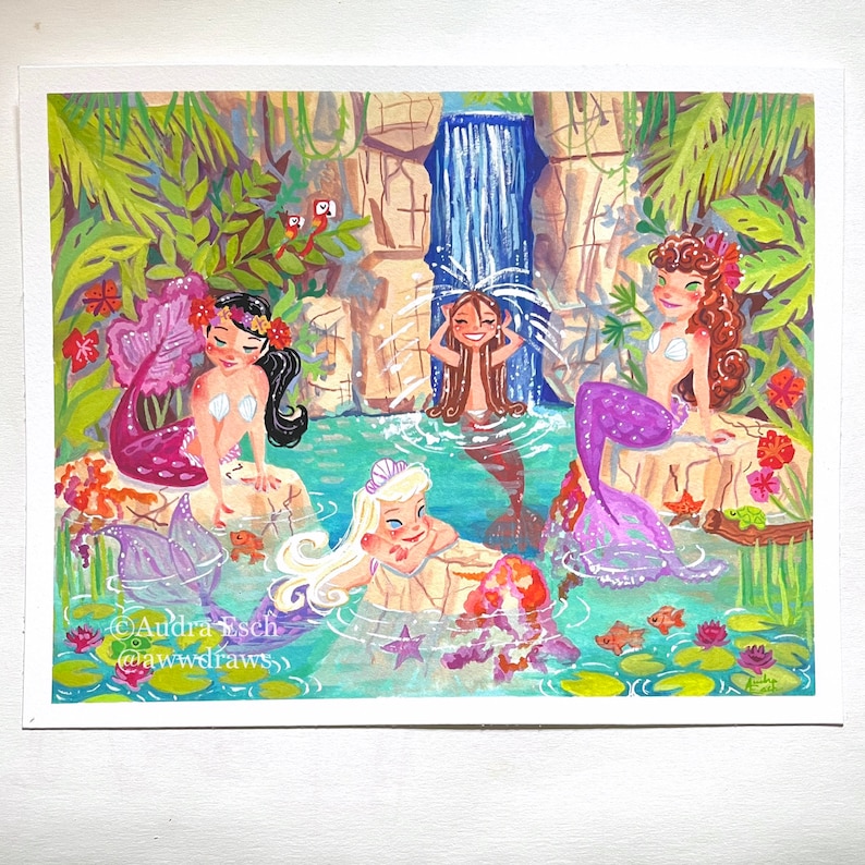 May include: A painting of four mermaids in a tropical setting. The mermaids are all wearing seashells and have long flowing hair. The background features a waterfall, lush greenery, and colorful flowers.