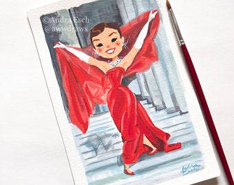 Audrey Hepburn - Red Dress - Funny Face - 4 x 6 inches - Original Gouache painting