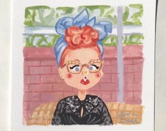 May include: A watercolor illustration of a woman with red hair wearing a blue headscarf, glasses, and a black dress with rhinestones. The background is a brick wall and green foliage.