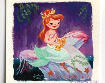 Peter Pan Mermaid - Red Head with Harp - 4 x 4 inch Fine Art Print