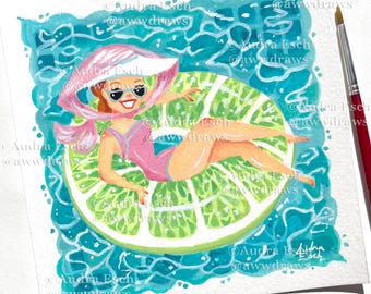 Lime Pool Float – Vintage Palm Springs Illustration - 5x5 inch Original Gouache Painting