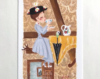 Mary Poppins Drinking Tea on the Ceiling - Love to Laugh Song - 4 x 6 inch Fine Art Print