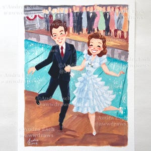 May include: A watercolor painting of a couple dancing at a prom. The man is wearing a black suit and a red tie. The woman is wearing a white dress with a blue sash. The background is a teal blue with white stars. The painting is signed "Audra Esch" in the bottom right corner.
