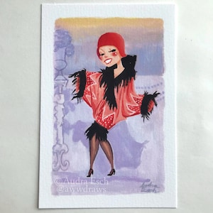 May include: A watercolor painting of a woman in a red hat and a red and black patterned dress. She is standing in front of a white background with a decorative pillar behind her. The painting is signed "Audra Esch" in the bottom right corner.