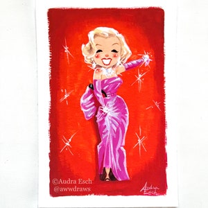 Marilyn Monroe cantando diamantes são os melhores amigos de uma garota com fundo vermelho de Gentlemen Prefer Blondes - Impressão de belas artes de 4 x 6 polegadas