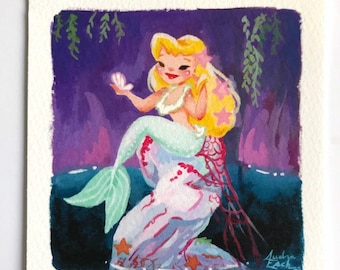 Peter Pan Mermaid - Blonde with Shell Compact - 4 x 4 inches - Fine Art Print