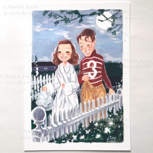 May include: A watercolor painting of a couple standing in front of a white picket fence. The woman is wearing a white robe and the man is wearing a red and white striped sweater with a brown bag in his hand. The background is a night scene with a full moon and a blue sky.