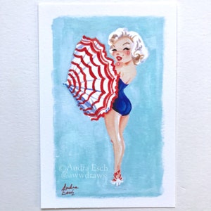 Marilyn - Swimsuit with Striped Umbrella - 4 x 6 inches -  Fine Art Print