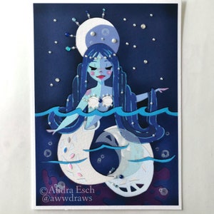 Moon Mermaid - Hand Embellished with Acrylic Pearls and Gemstones - Limited Edition 5 x 7 inch Fine Art Print