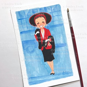 Jane Russell - costume rouge et noir - les hommes préfèrent les blondes - 4 x 6 pouces - peinture gouache originale