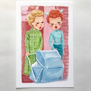 I Love Lucy - Lucy and Ethel Selling Meat - The Freezer Comedy TV Moment Illustration - 4 x 6 inch Fine Art Print