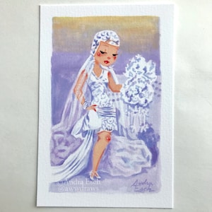 May include: A watercolor painting of a bride in a white lace dress and veil. She is holding a bouquet of white flowers and is standing on a purple background. The painting is signed "Audra Esch" in the bottom right corner.