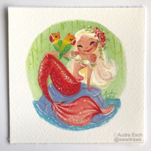 Two Lovebirds and Mermaid  - 4 x 4 inches - Fine Art Print