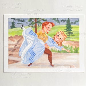 May include: Watercolor illustration of a couple dancing outdoors. The woman wears a light blue dress with a checkered pattern, and the man has a yellow plaid shirt. The artwork is signed by Audra Esch.