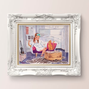 May include: A watercolor painting of a woman in a white robe and eye mask sitting on a pink couch with a cat. The woman is holding a glass of wine and the cat is sitting on a stack of magazines. The painting is set in a kitchen with a white tiled floor and a window with a view of a city.