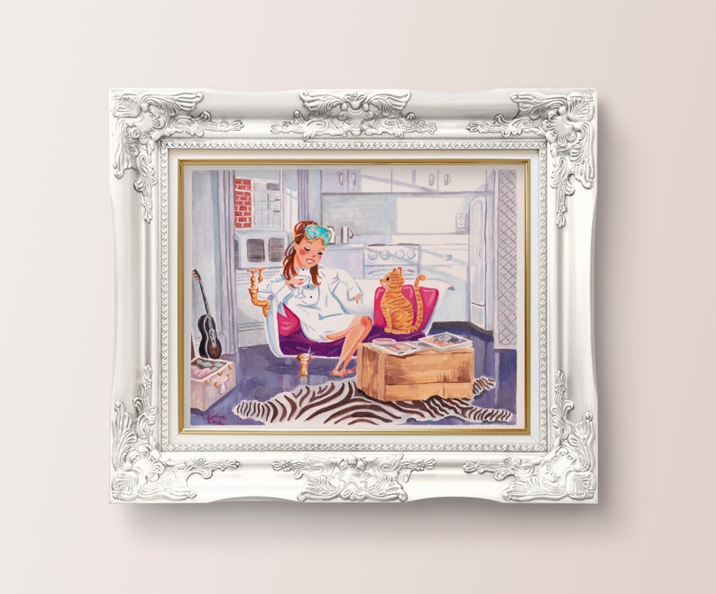 May include: A watercolor painting of a woman in a white robe and eye mask sitting on a pink couch with a cat. The woman is holding a glass of wine and the cat is sitting on a stack of magazines. The painting is set in a kitchen with a white tiled floor and a window with a view of a city.