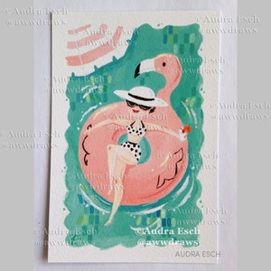 Pink Flamingo Float - 4 x 6 inch Vintage Palm Springs Fashion Swimming Pool Fine Art Print
