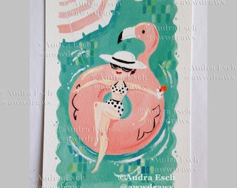 Pink Flamingo Pool Float Fine Art Print – Vintage Palm Springs Illustration (4x6 inch)