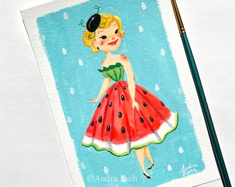 Watermelon Party Dress - 4 x 6 inches - Original Gouache Painting