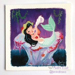 May include: A watercolor painting of a mermaid with long black hair, wearing a yellow hat, playing a seashell horn. She is sitting on a pink and purple coral reef with a green tail and a purple background.