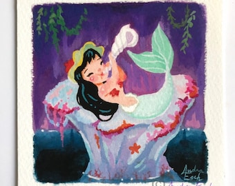 Peter Pan Mermaid Fine Art Print – Dark Hair, Shell Flute (4x4 inch)