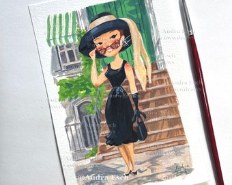 Audrey Hepburn - Big Black Hat - Breakfast at Tiffany’s - 4 x 6 inches - Original Gouache Painting